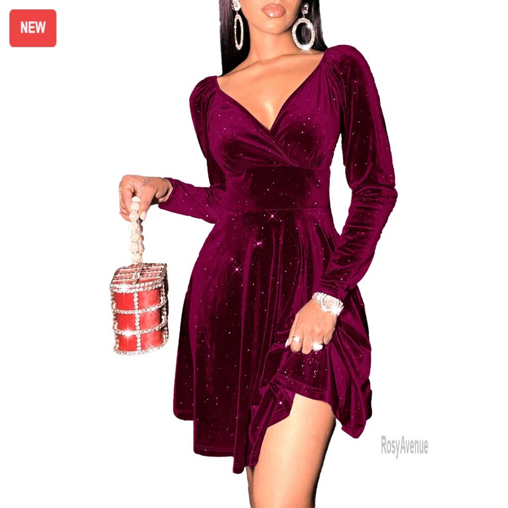 Long Sleeve Velvet Glitter Wrap V Neck A Line Mini Skater Dress